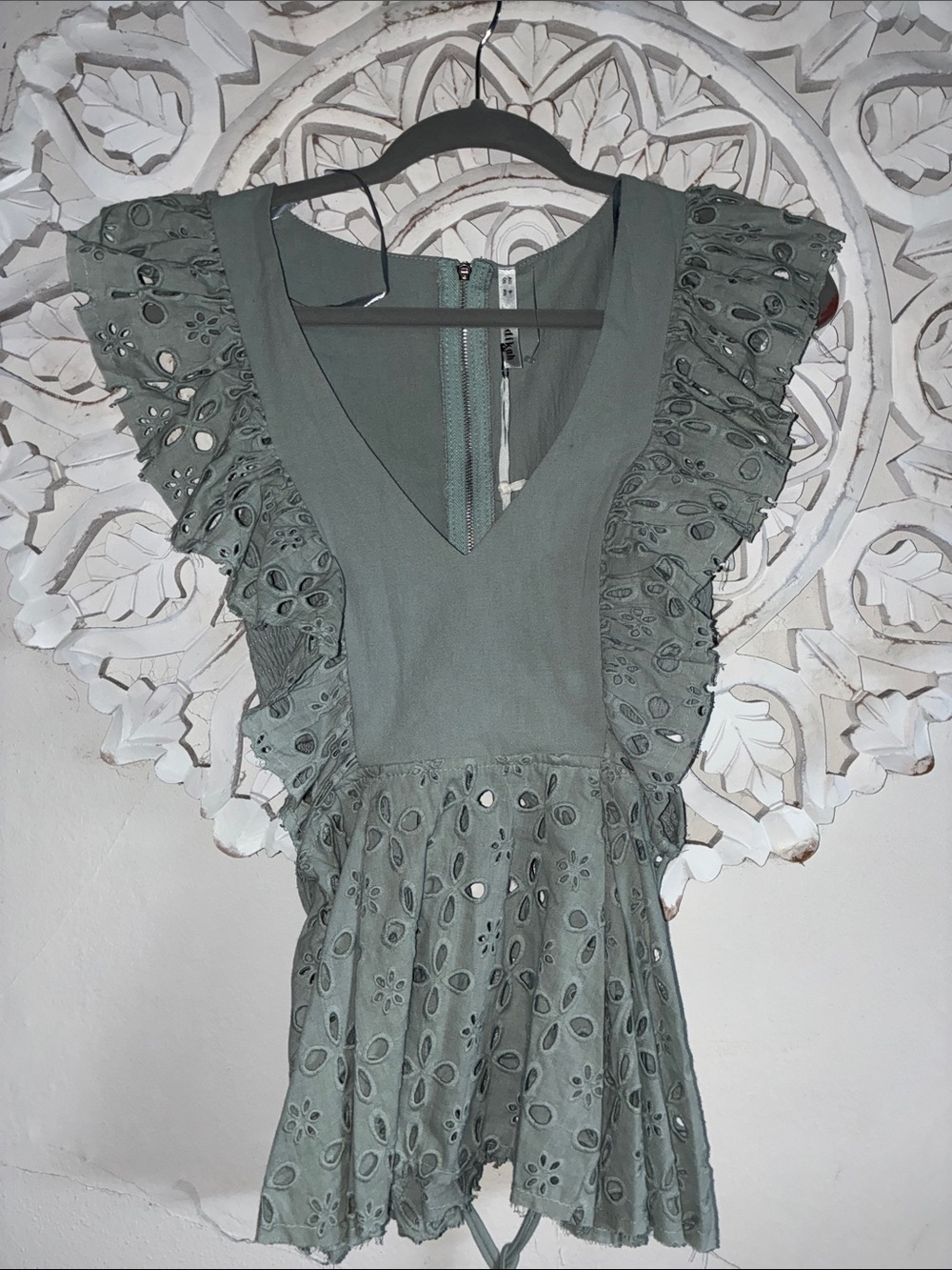 V-Neck Eyelet Ruffle Blouse in Sage